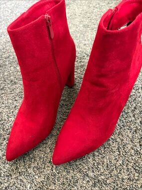 Red Suede Pointed-Toe Ankle Booties